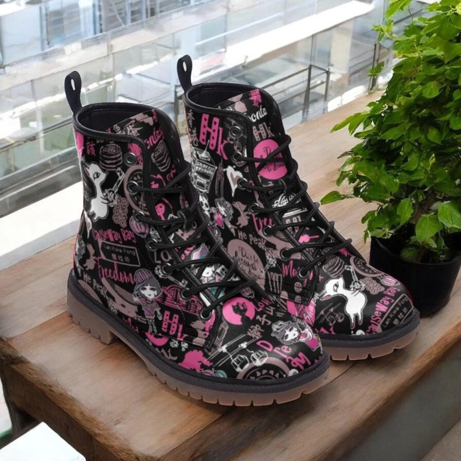 Black Graffiti Vegan Combat Boots