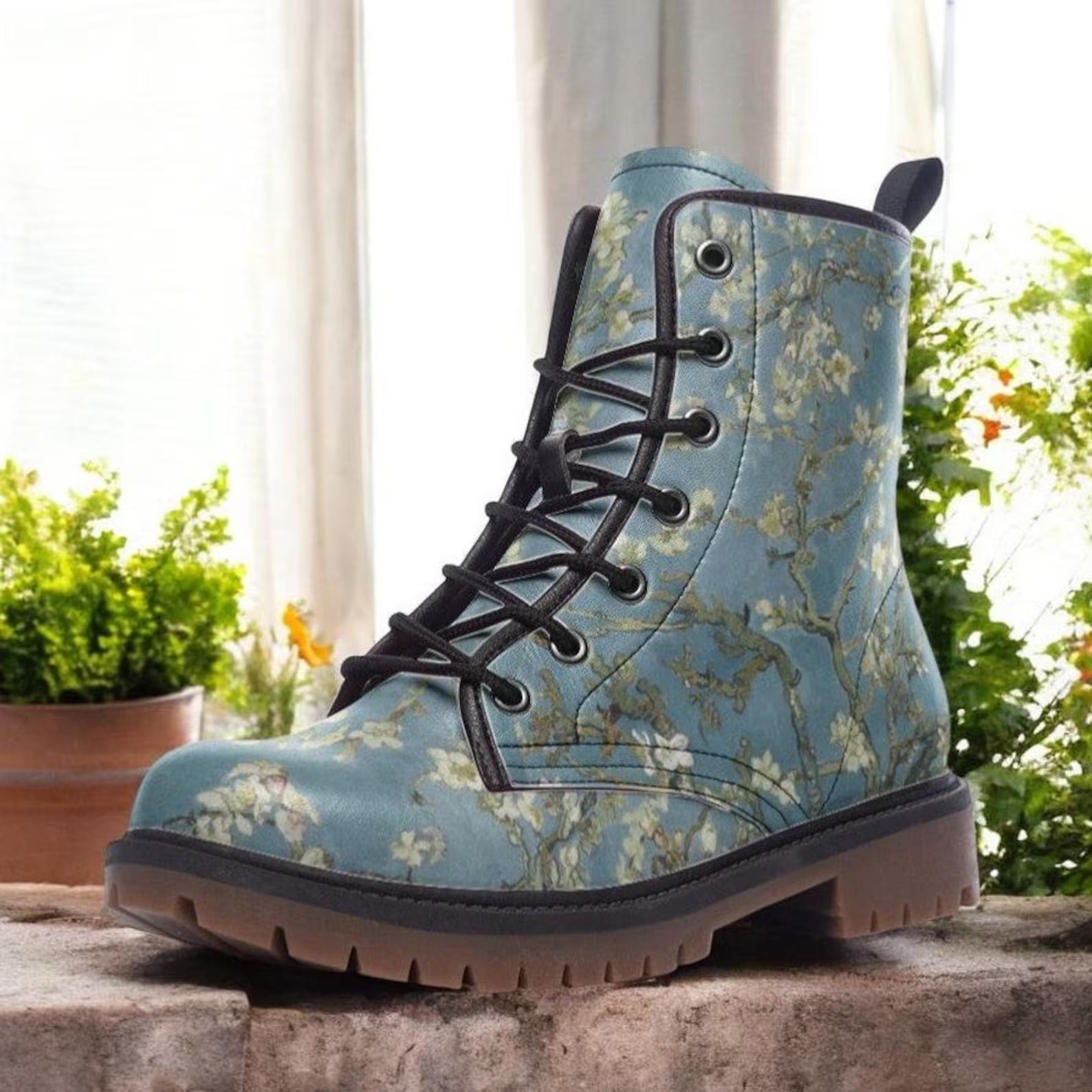 Blue Wild flowered Vegan Combat Boots