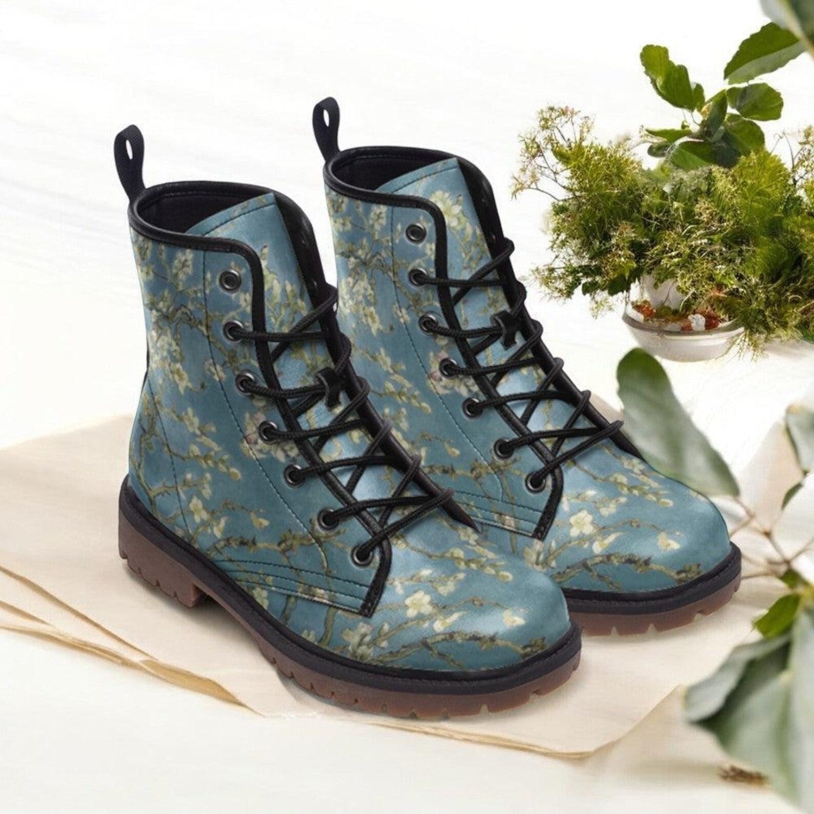 Blue Wild flowered Vegan Combat Boots