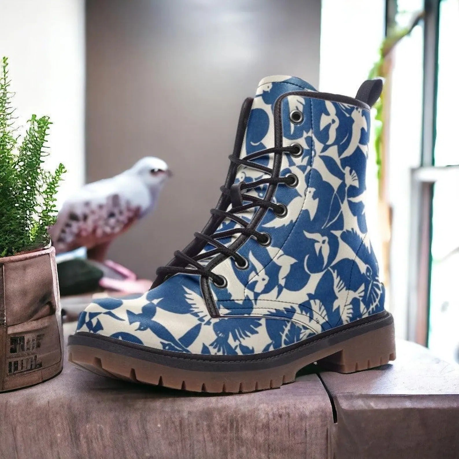 Pigeons Pattern Vegan Leather Boots