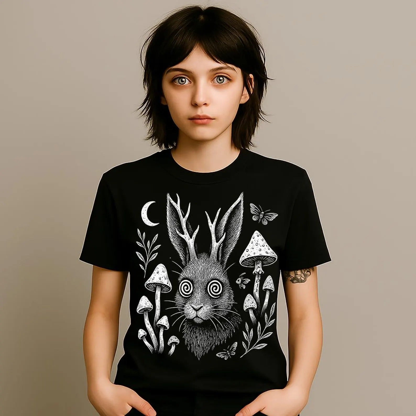 Trippy Cryptid Tshirt: Jackalope Horror Shirt, Rabbit Mushroom Graphic Tee
