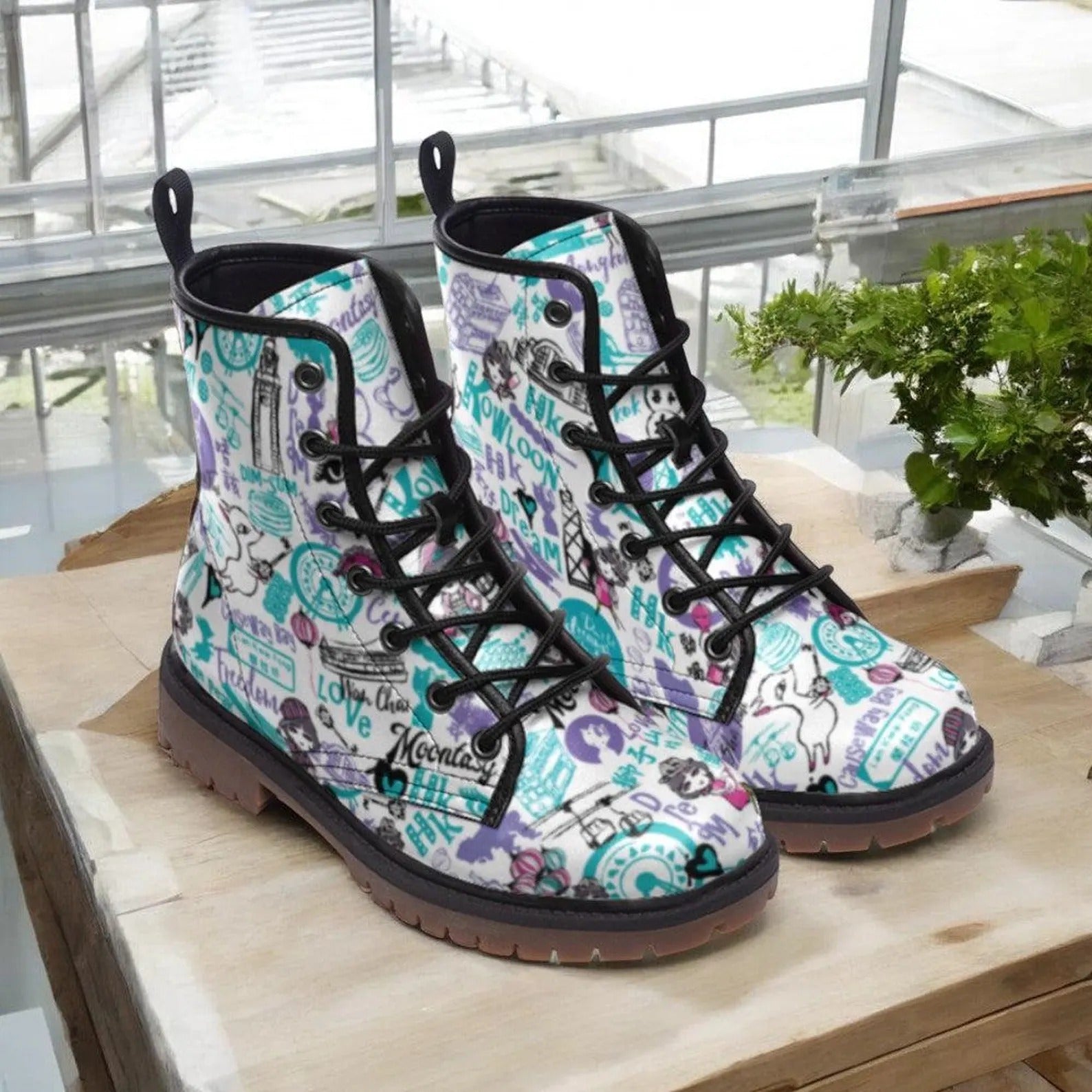 White and Blue Graffiti Vegan Combat Boots