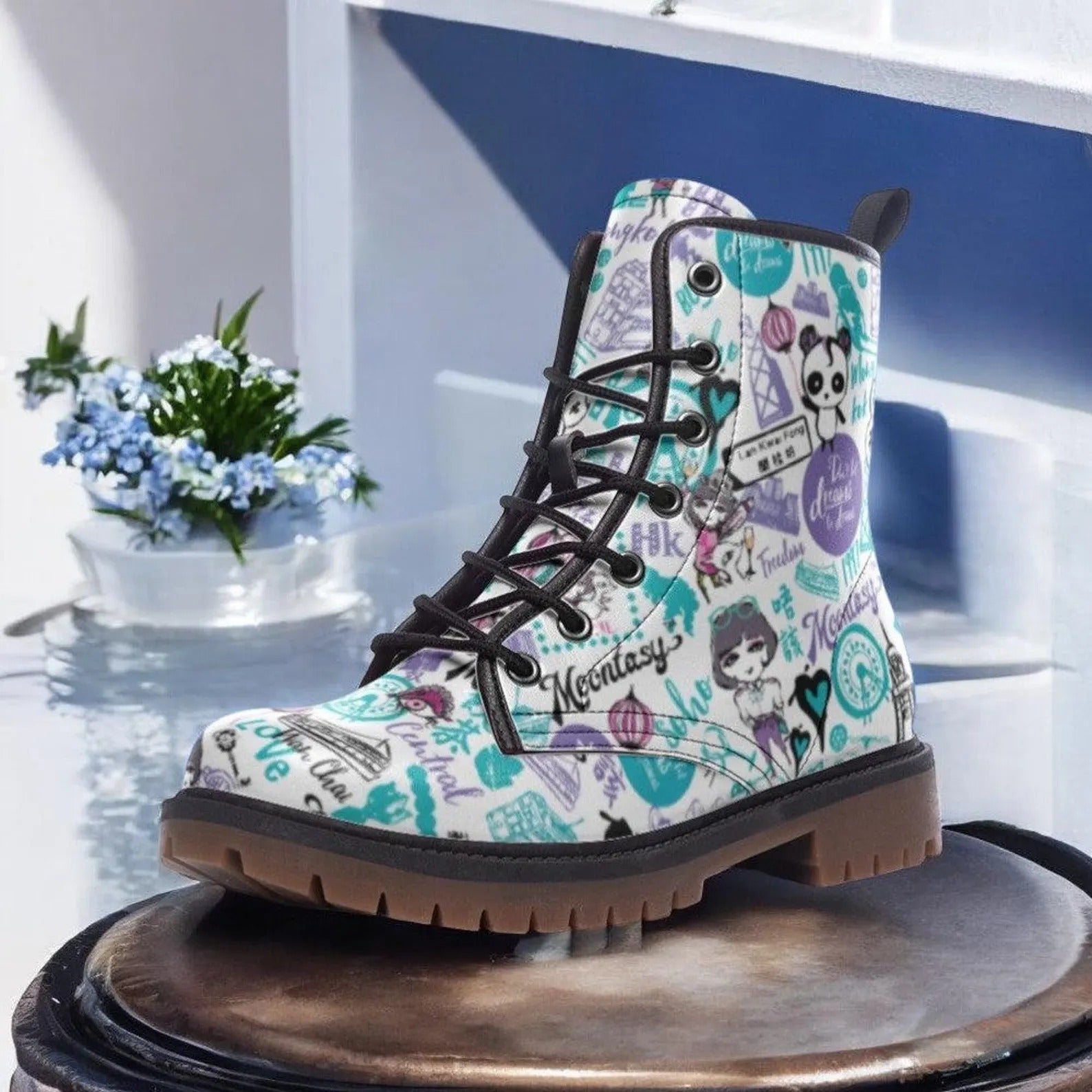 White and Blue Graffiti Vegan Combat Boots
