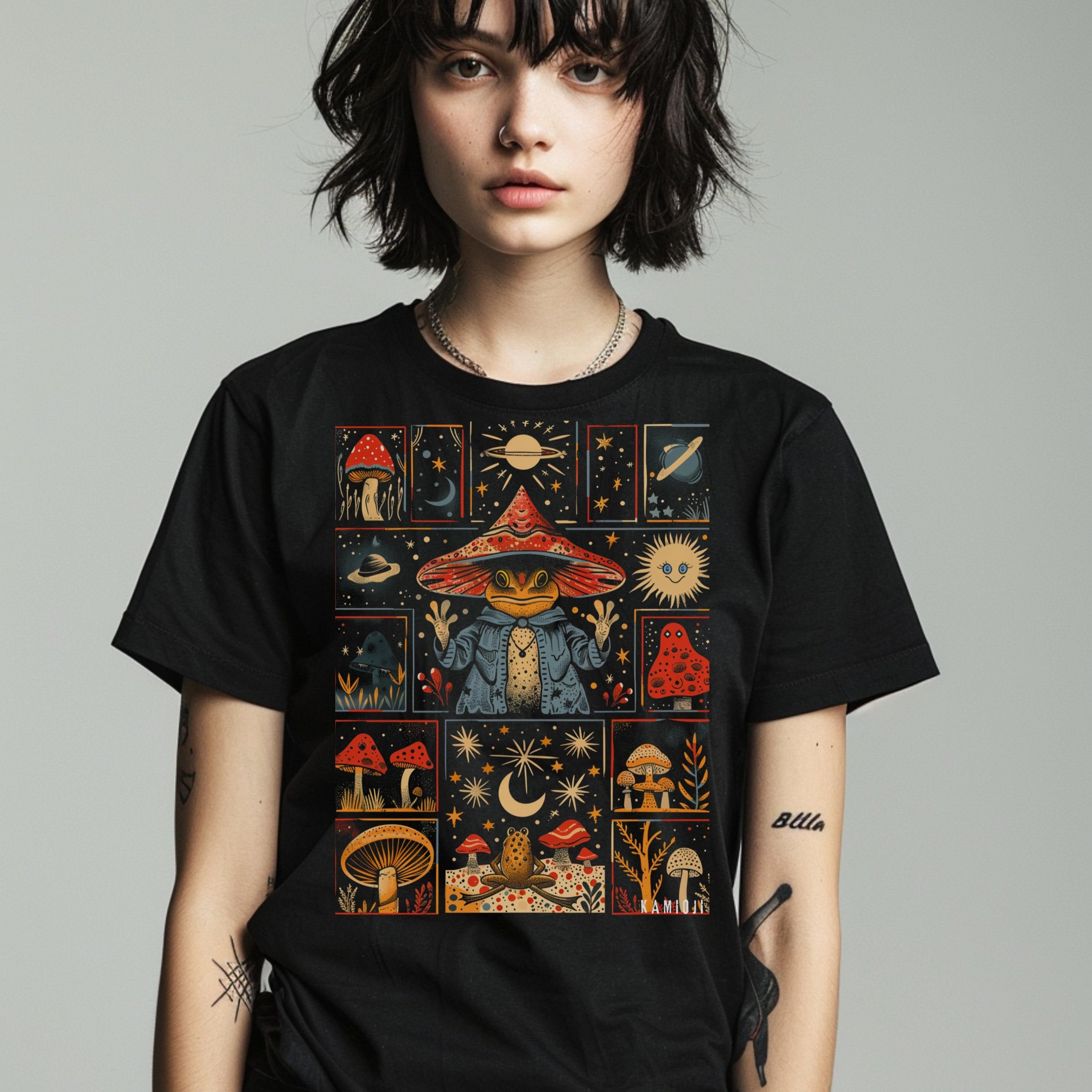 Frog Wizard T-Shirt: Celestial Mushroom, Dark Cottagecore Unisex Clothing