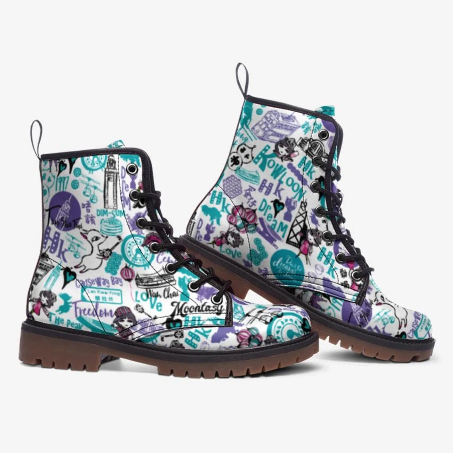 White and Blue Graffiti Vegan Combat Boots