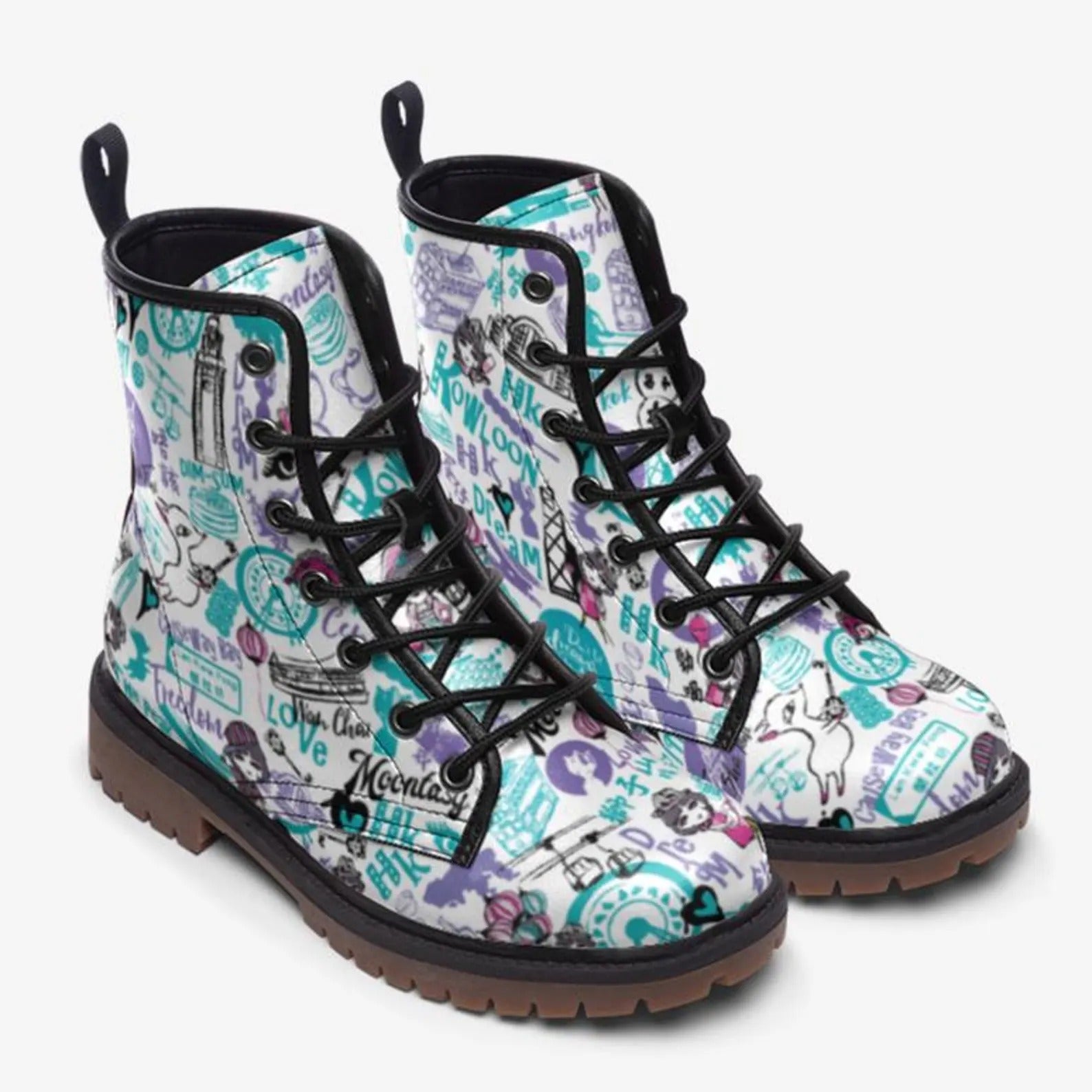White and Blue Graffiti Vegan Combat Boots